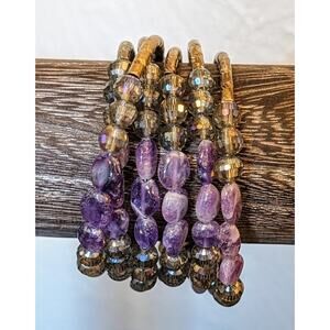 Amethyst Stone Smokey Purple Crystal Wire Coil Bracelet